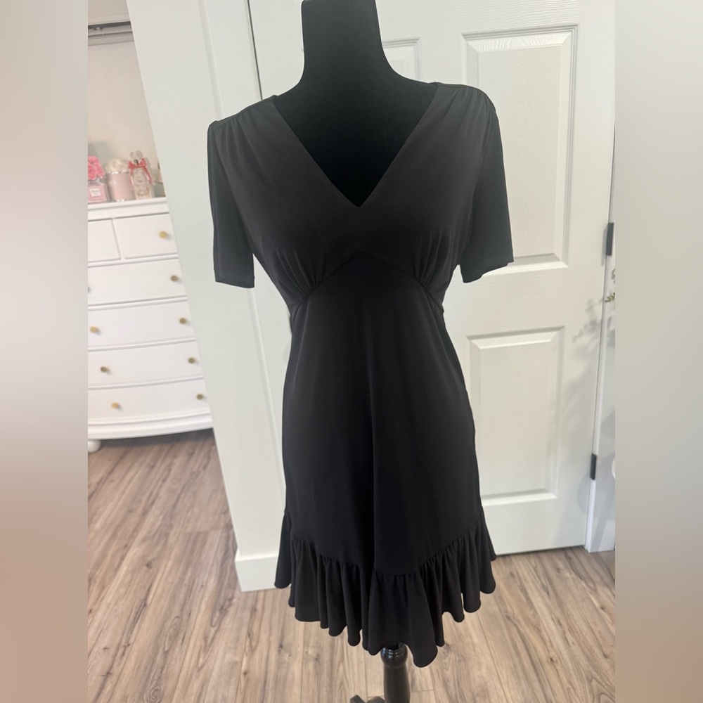 Michael Kors Black V-Neck Short Sleeve Midi Dress with Ruffle Hem